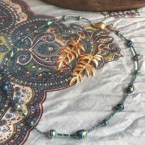 Hand Painted Glass Bead Necklac & feather Earrings